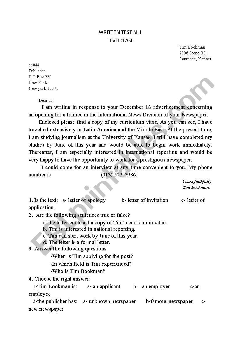 the first written test for first year classes. - ESL worksheet by najm07