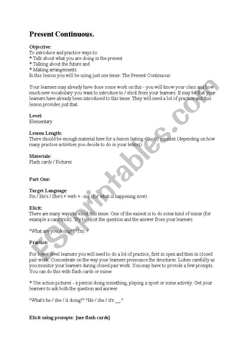 Present Continuous Tense Lesson Plan ESL Worksheet By Brn88