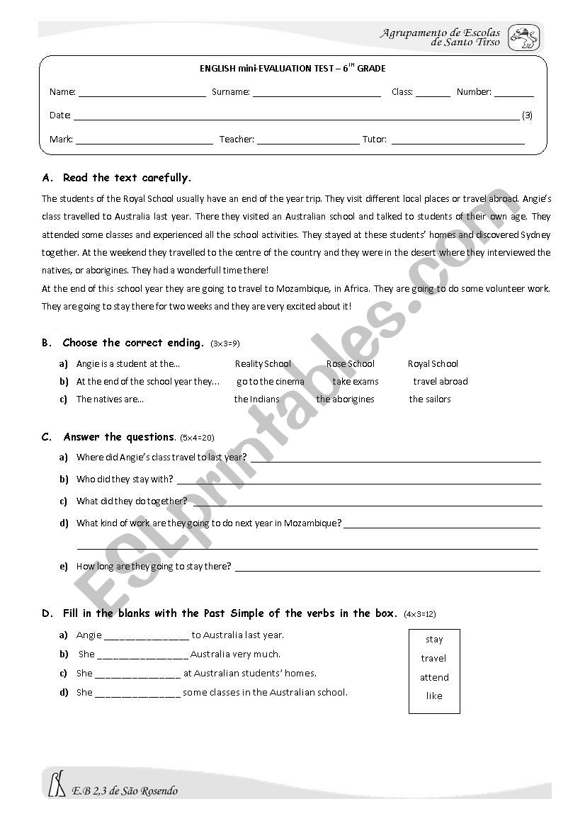 ESL mini test worksheet