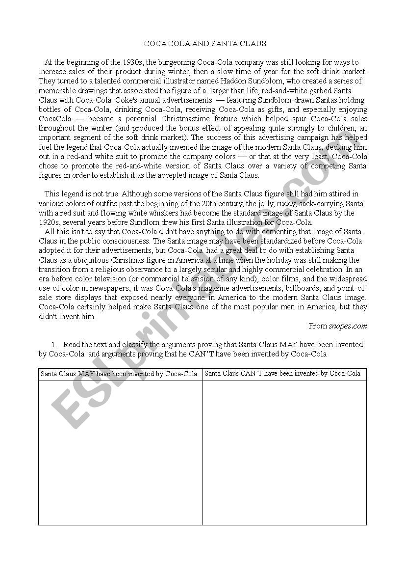 Coca cola and Santa Claus worksheet