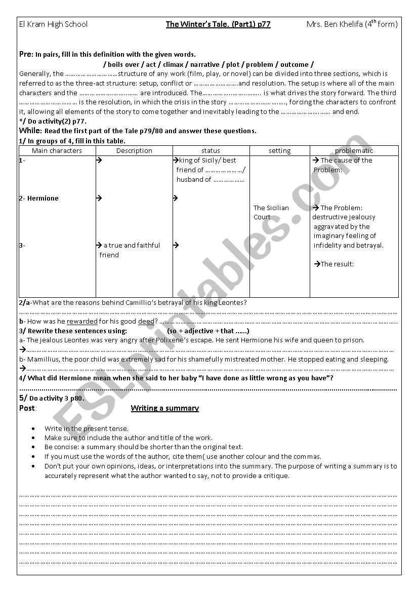 The winters tale (part1) worksheet