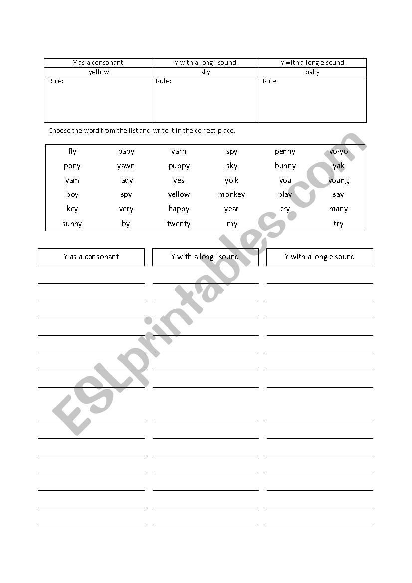The Letter Y Sounds and Rules worksheet