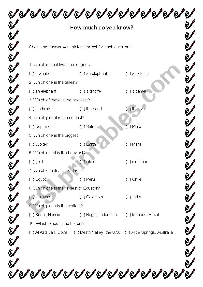 How much do you know? worksheet