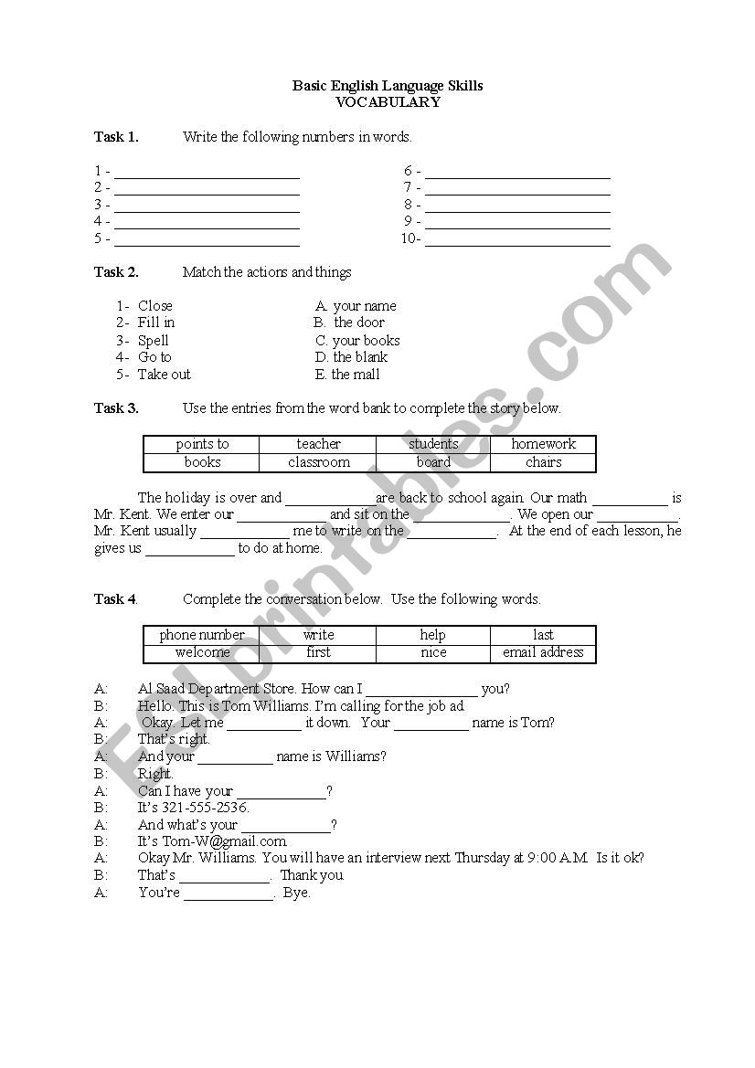 Vocabulary Worksheet worksheet