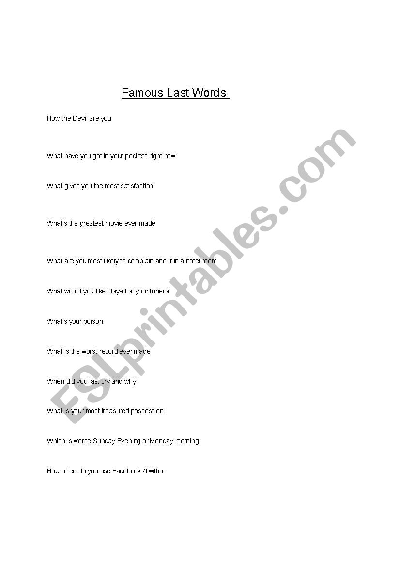 Famous Last Words ESL Worksheet By Gaz1
