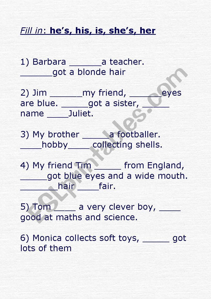 Fill In Hes His Is Shes Her Esl Worksheet By Kim74 8169