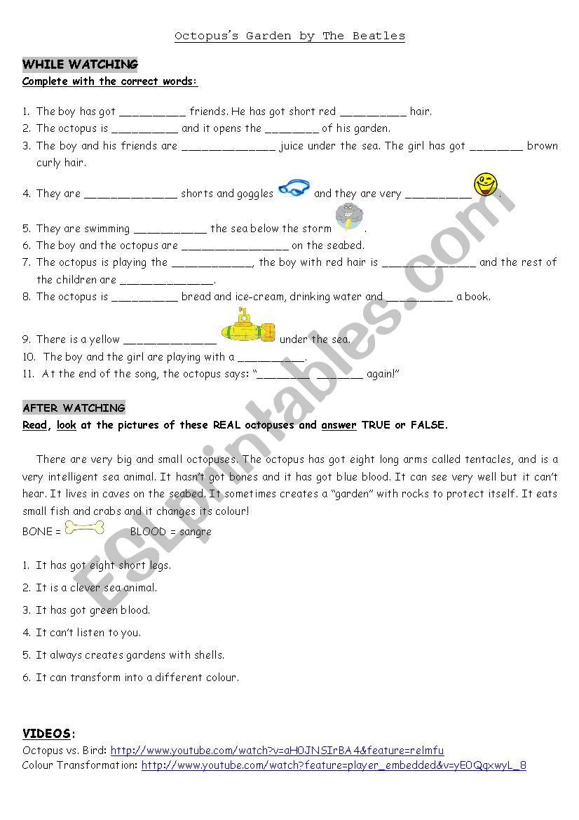 OCTOPUS GARDEN by The Beatles worksheet