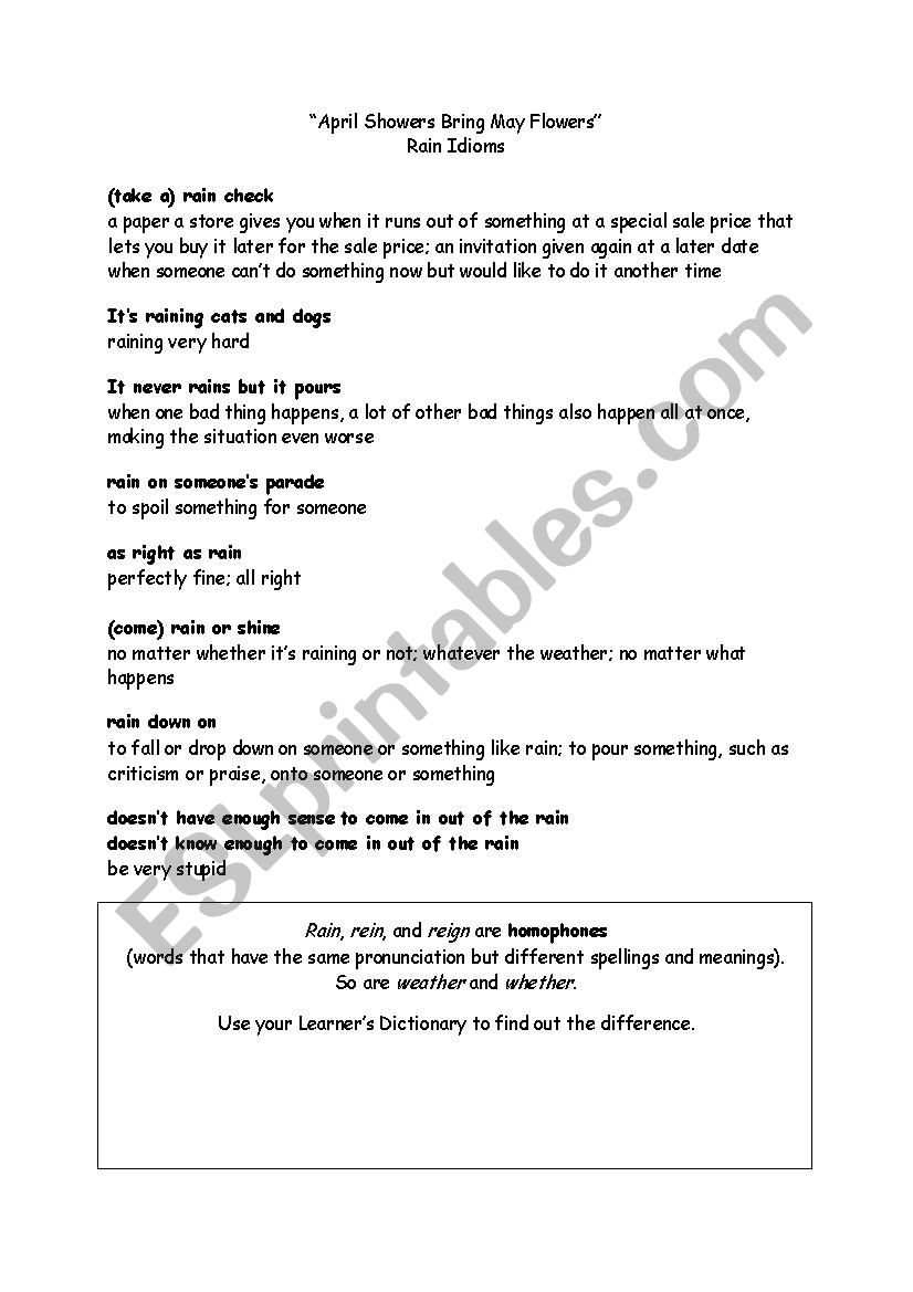 Rain Idioms worksheet