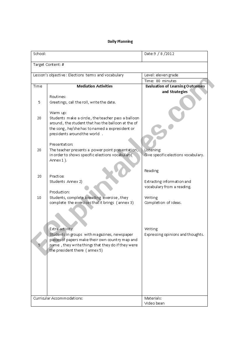 lesson plan elections worksheet