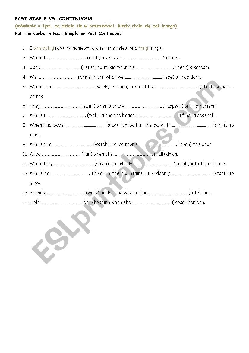 past simple vs. continuous worksheet