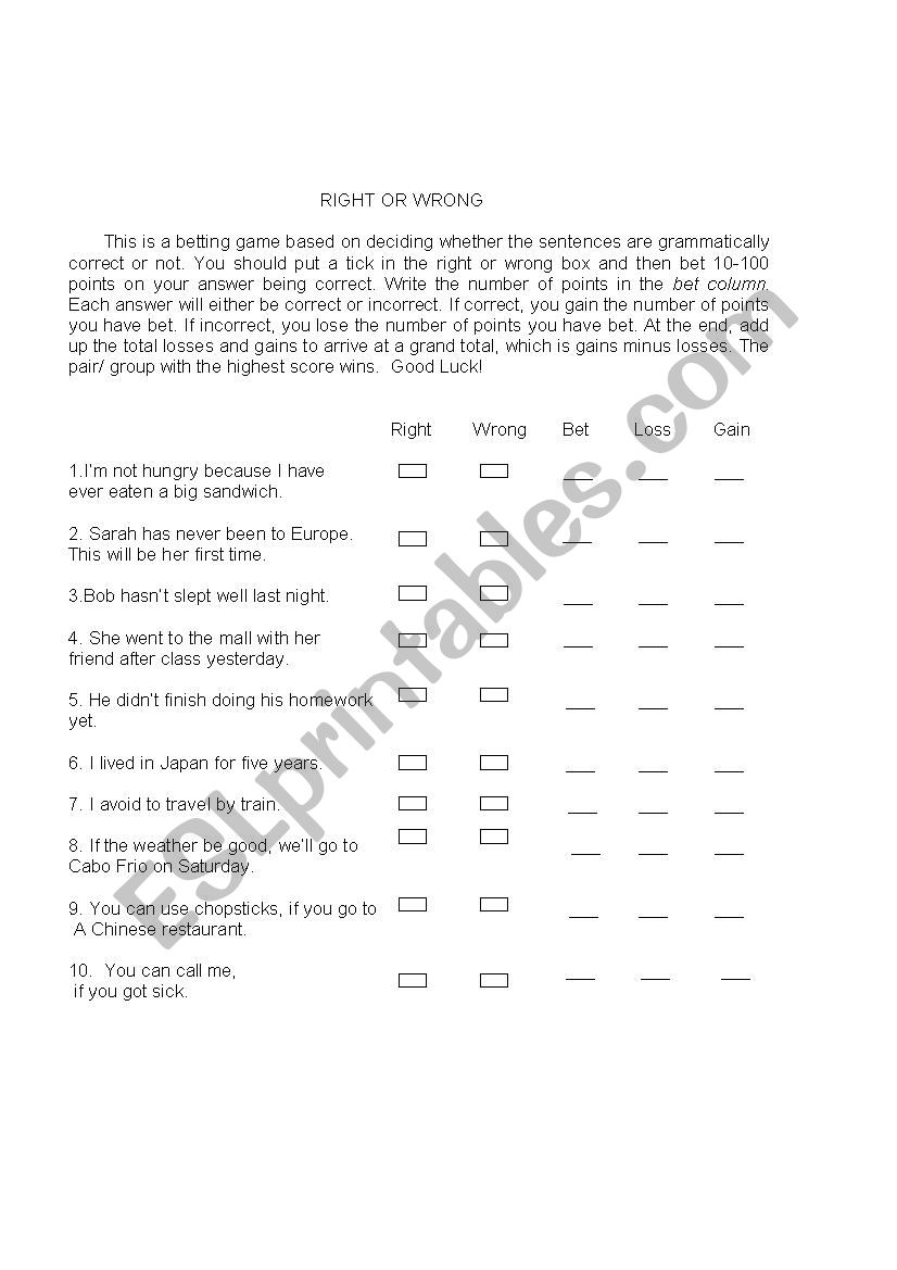Right or Rrong worksheet