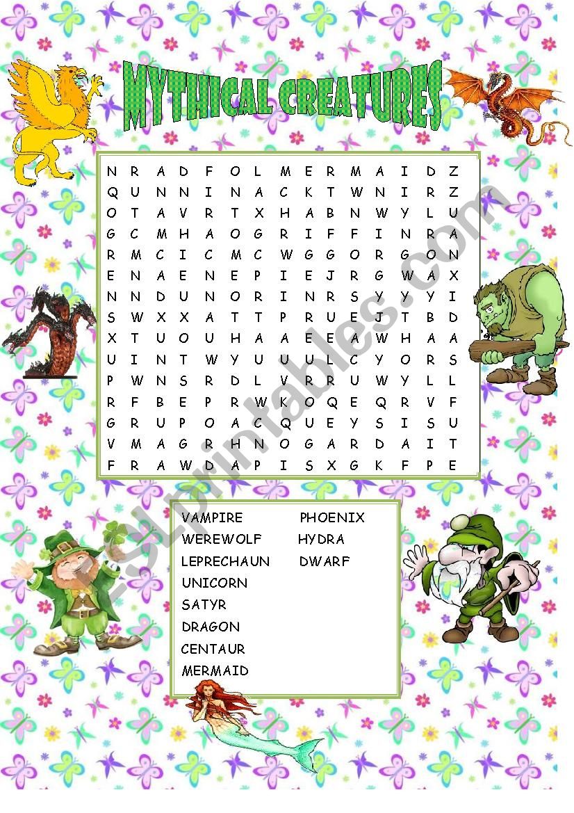 Mythical Creatures Word Search ESL Worksheet By Misstylady