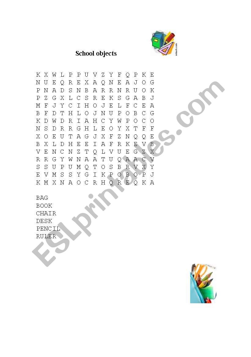 School objects puzzle worksheet
