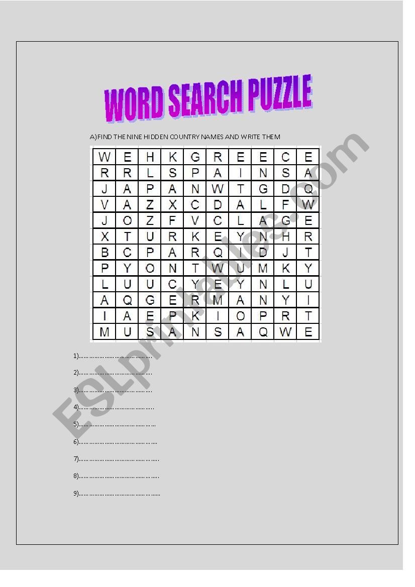 countries word search puzzle worksheet