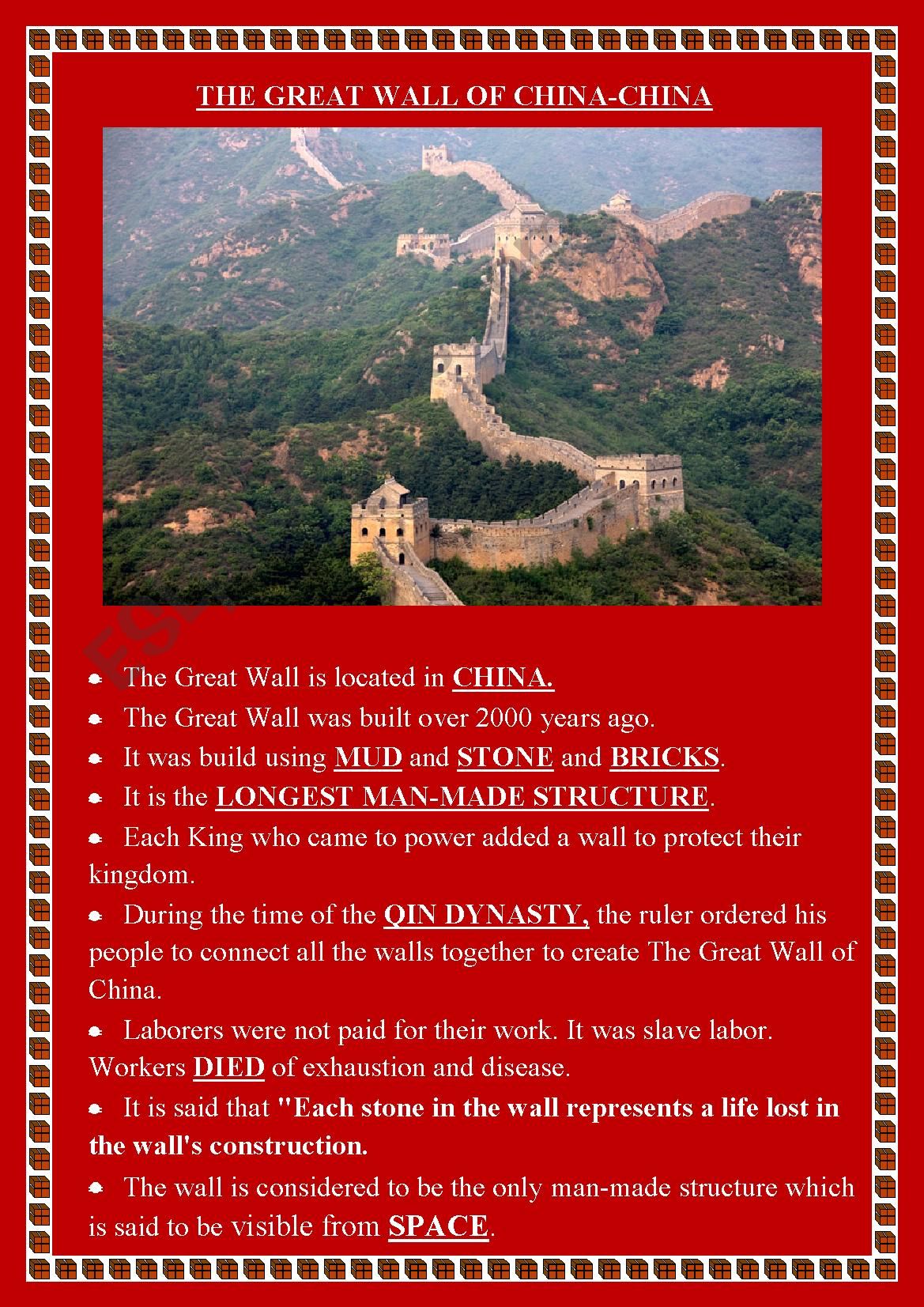 great wall of china - ESL worksheet by ashima
