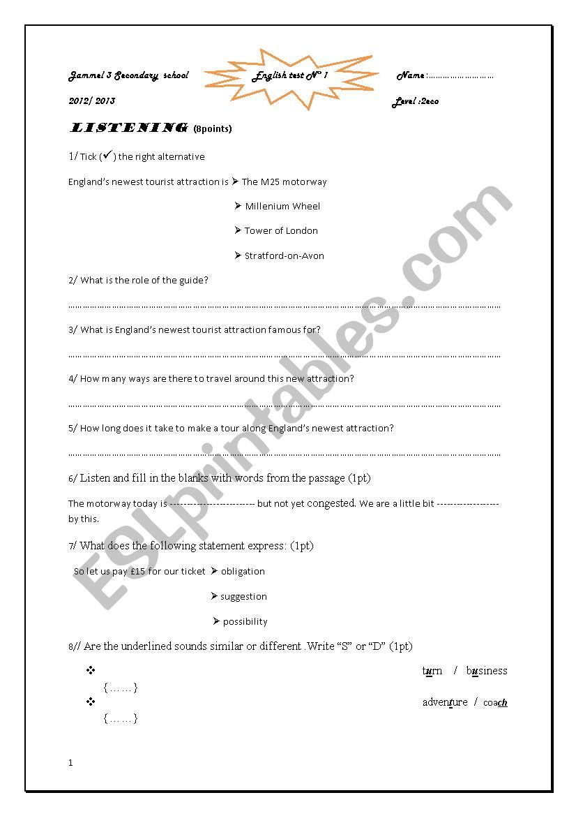 englisg test n 1  worksheet