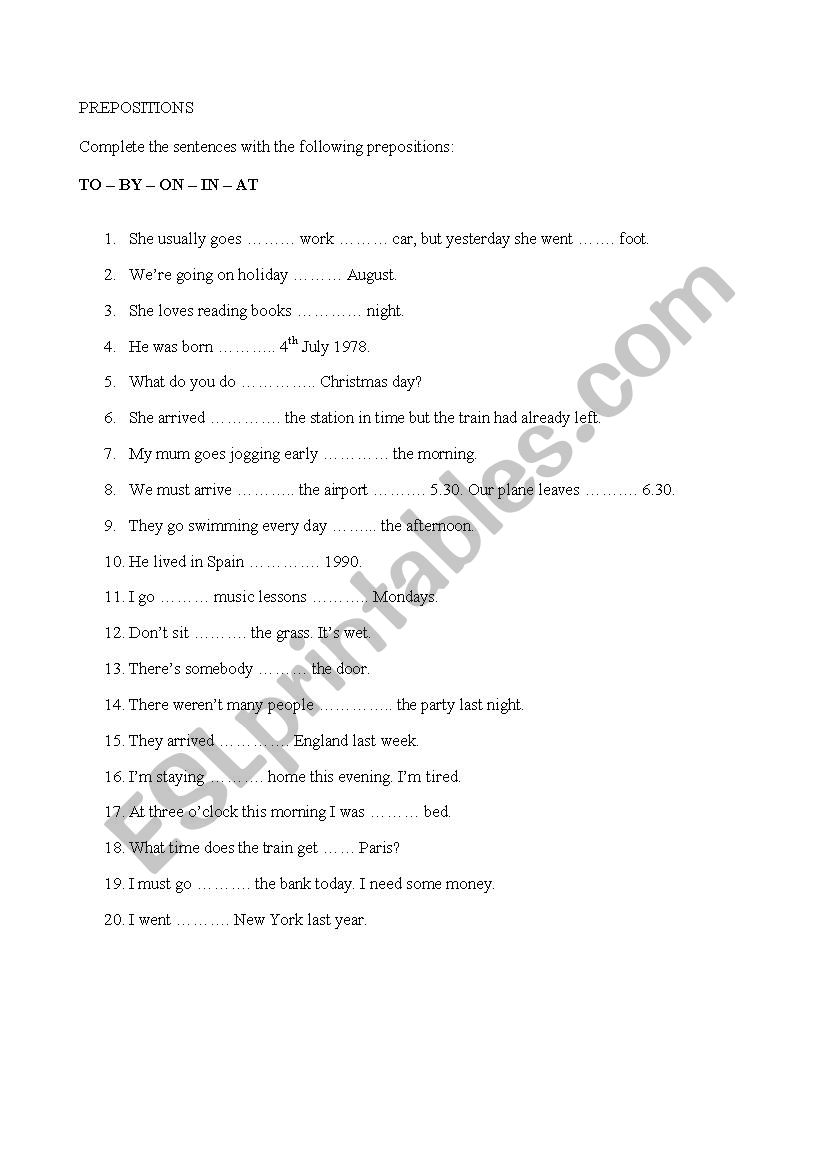 Prepositions worksheet