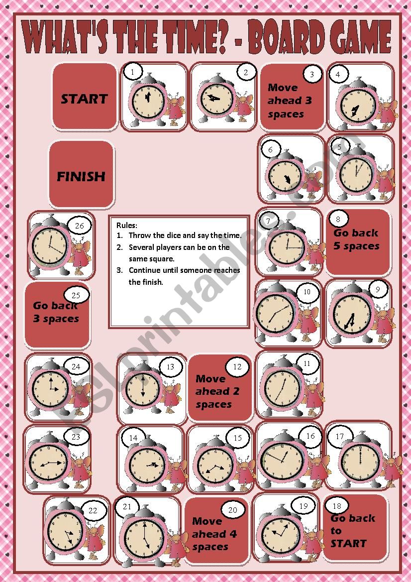 WHAT´S THE TIME? - BOARD GAME - ESL worksheet by macomabi