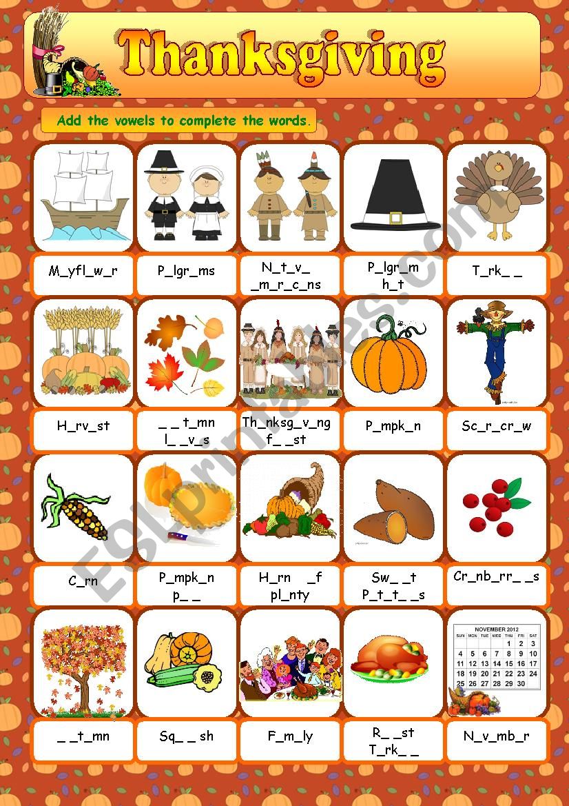 Thanksgiving Vocabulary ESL Worksheet By Anna P