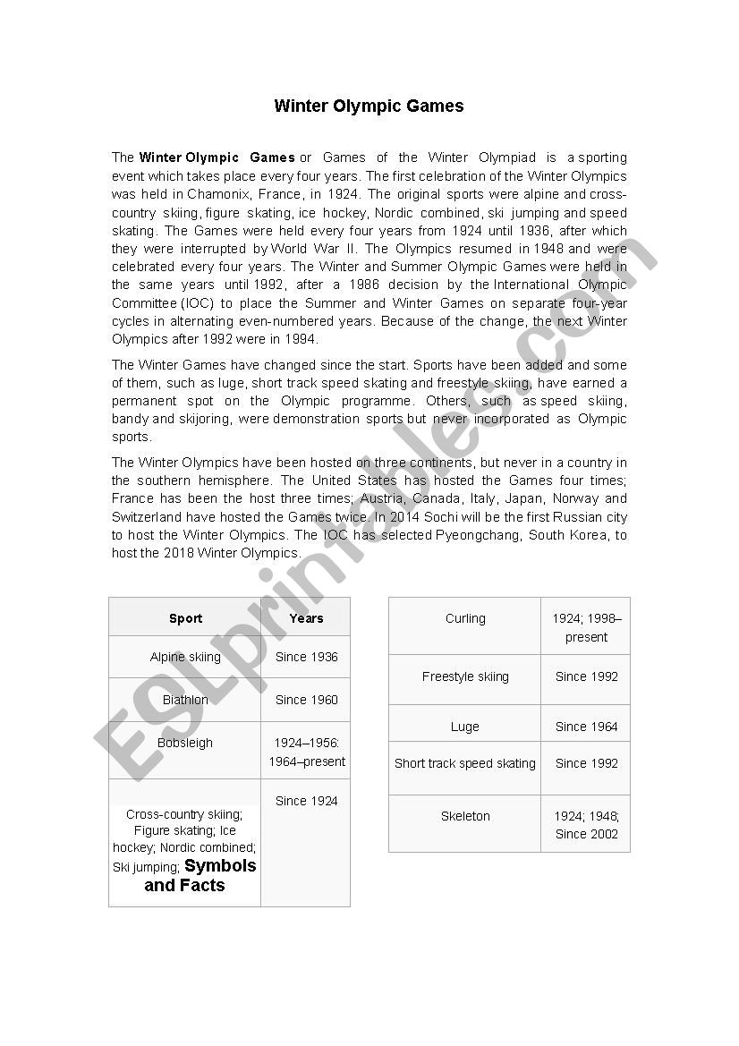 The Olympic Games  worksheet