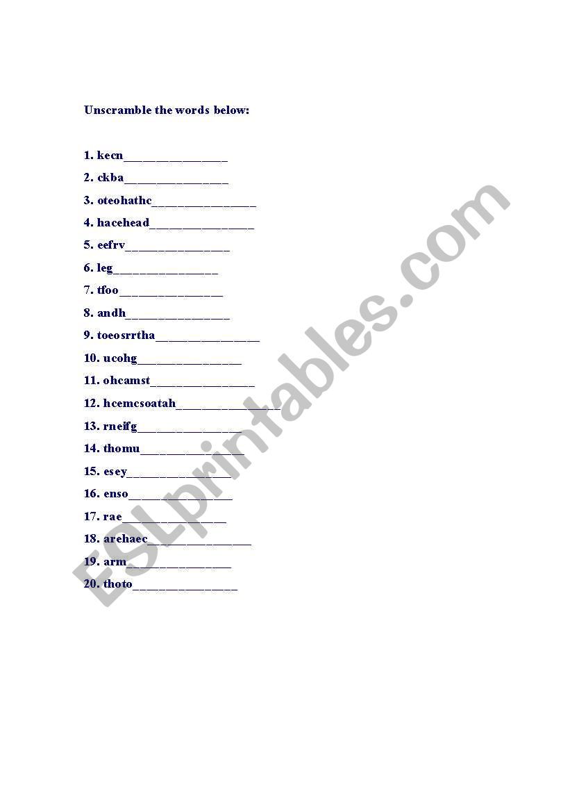 Parts of the Body Scrambled worksheet