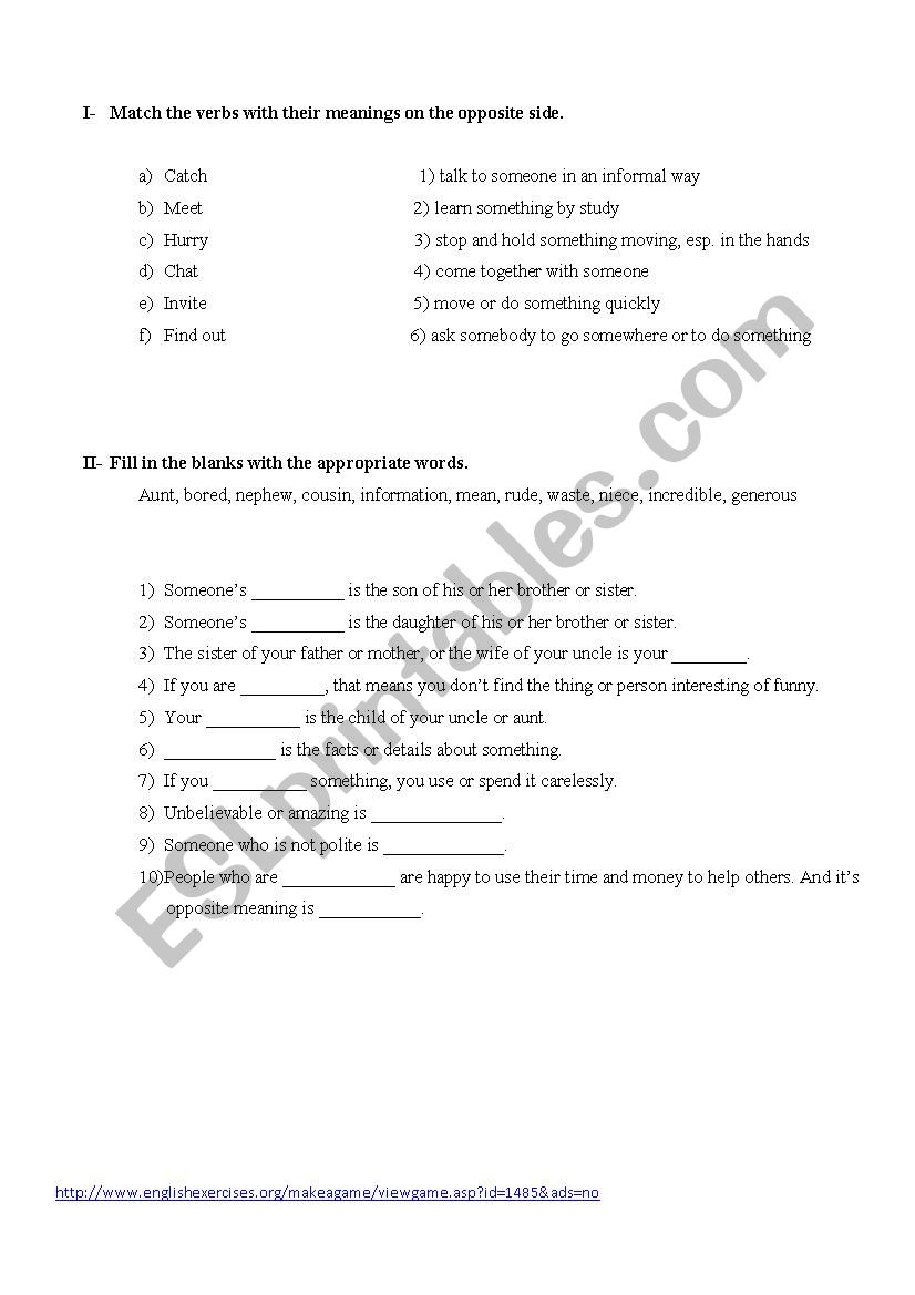 Vocabulary quiz  worksheet