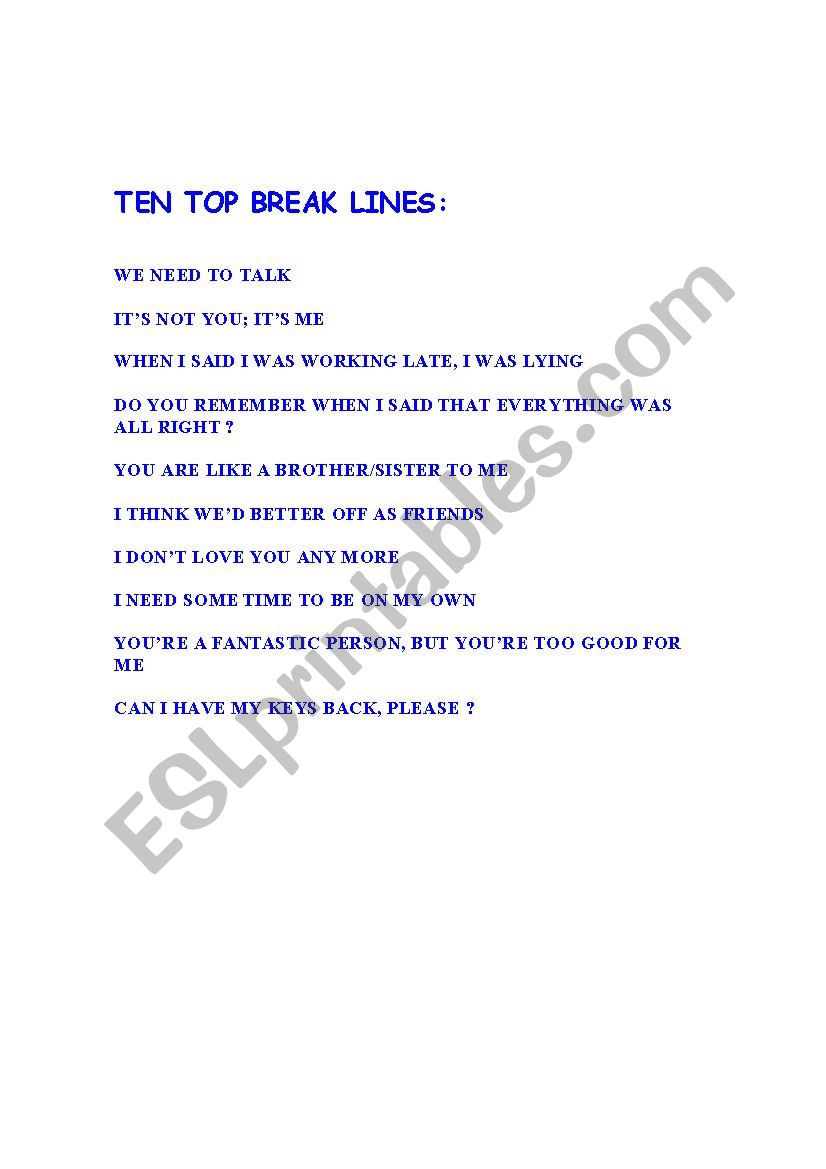 Break lines worksheet