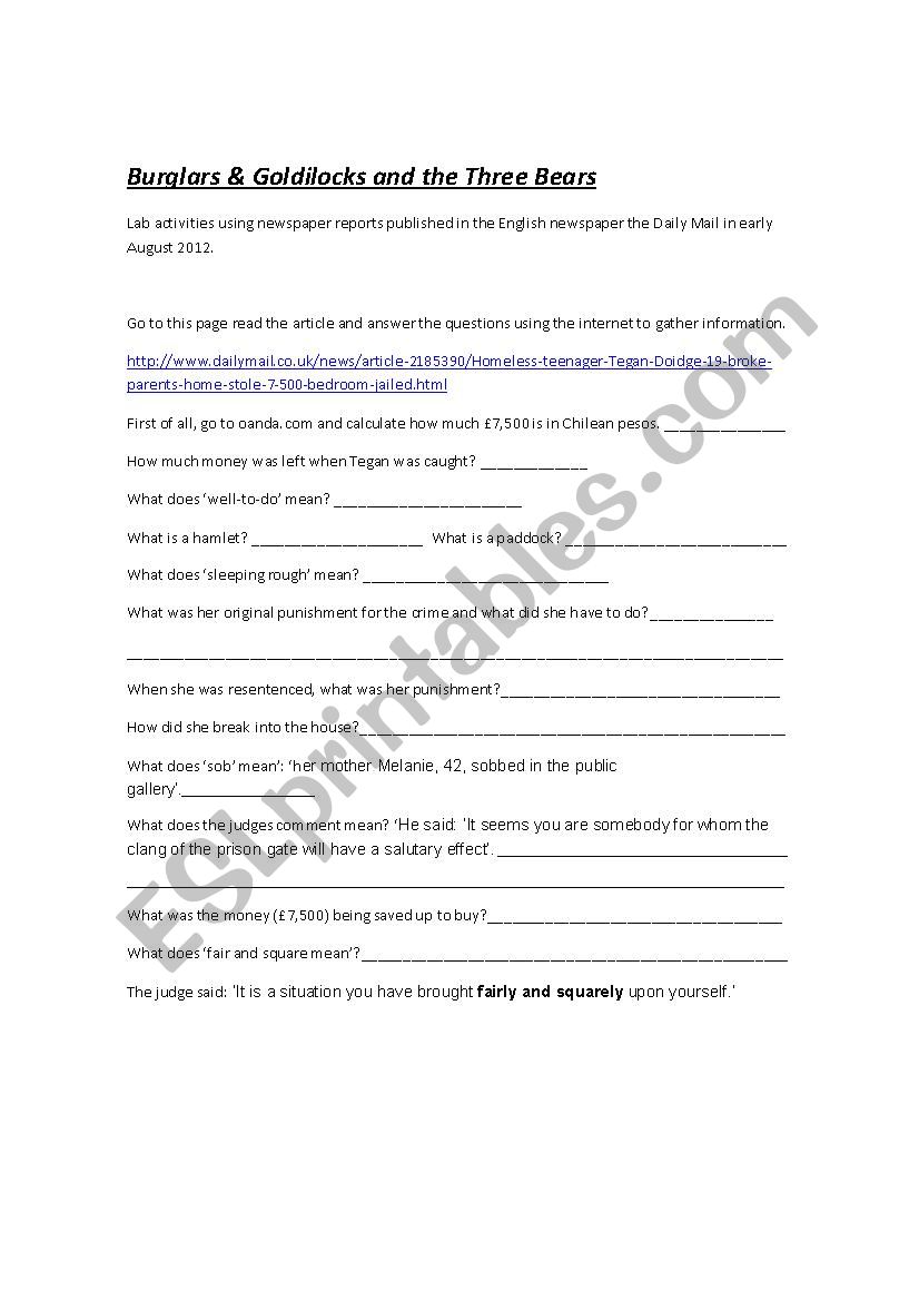 Burglars & Goldilocks worksheet