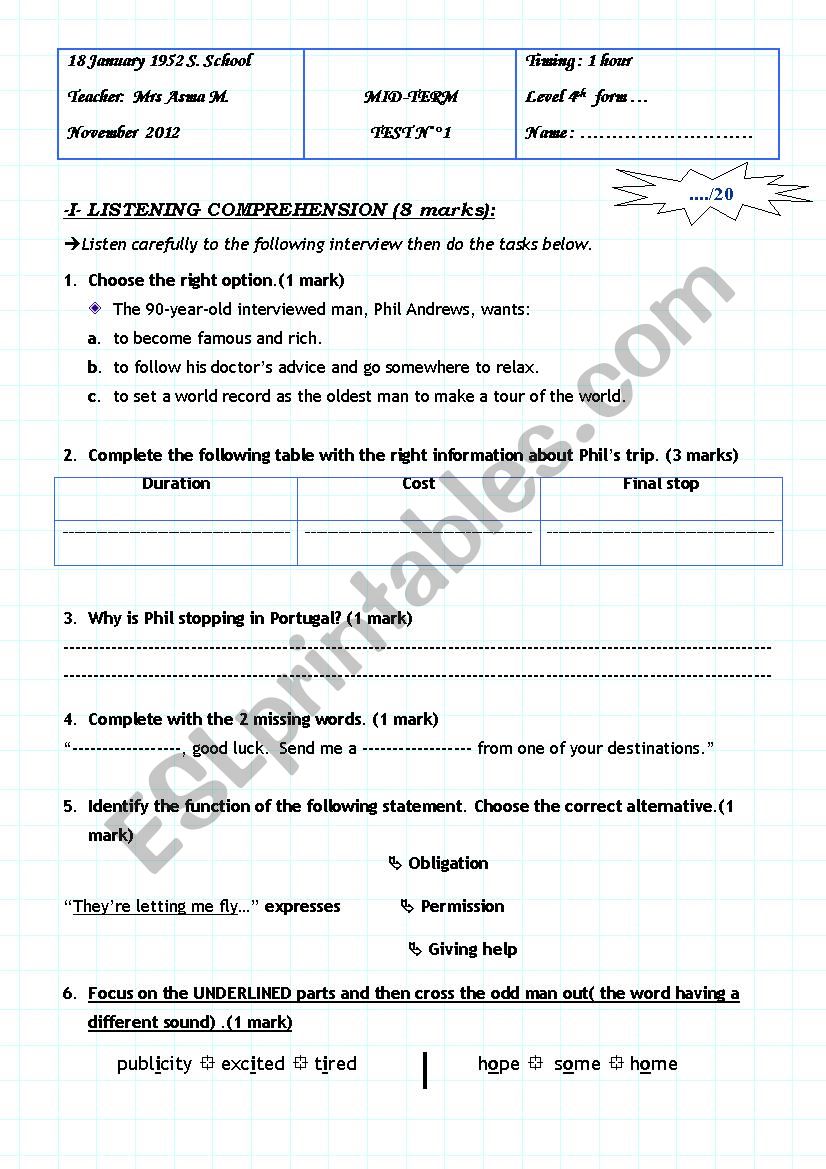 Mid-term test n°1 4th form (TUNISIAN Curriculum) - ESL worksheet by lua jzr