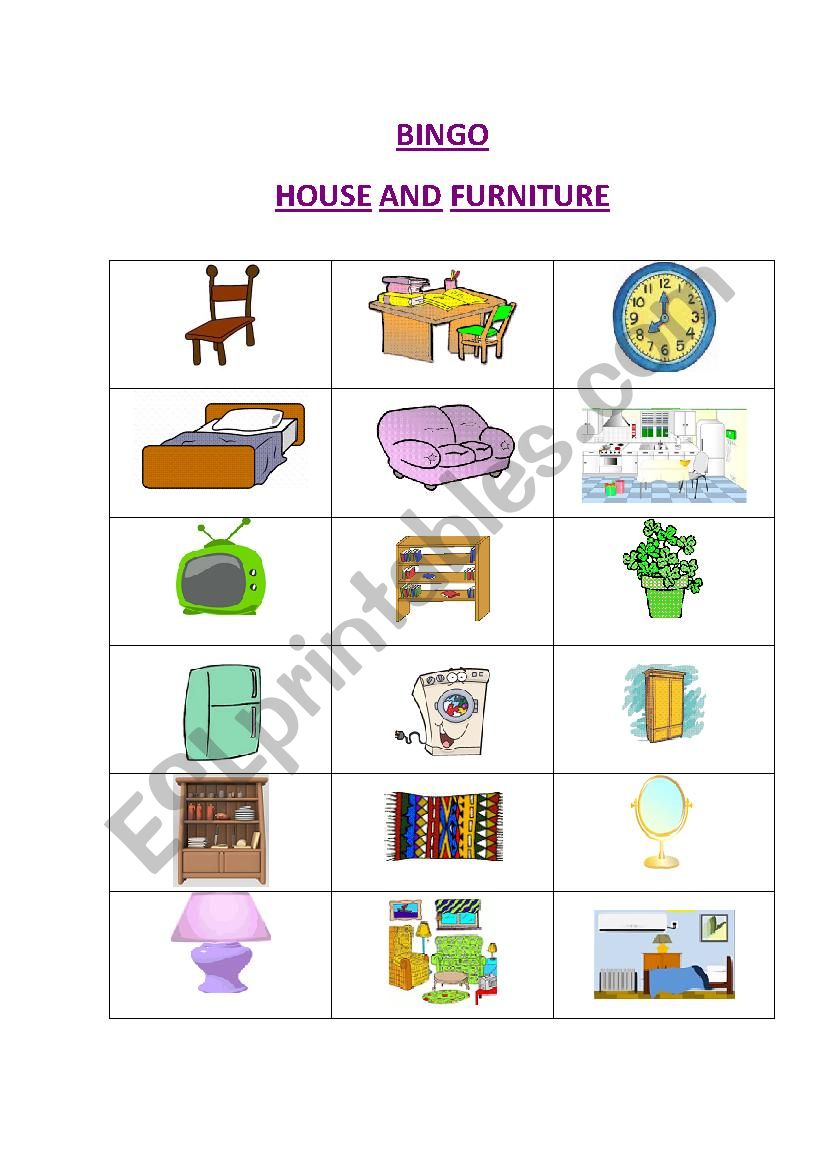 Bingo - House and furniture - ESL worksheet by Zeva