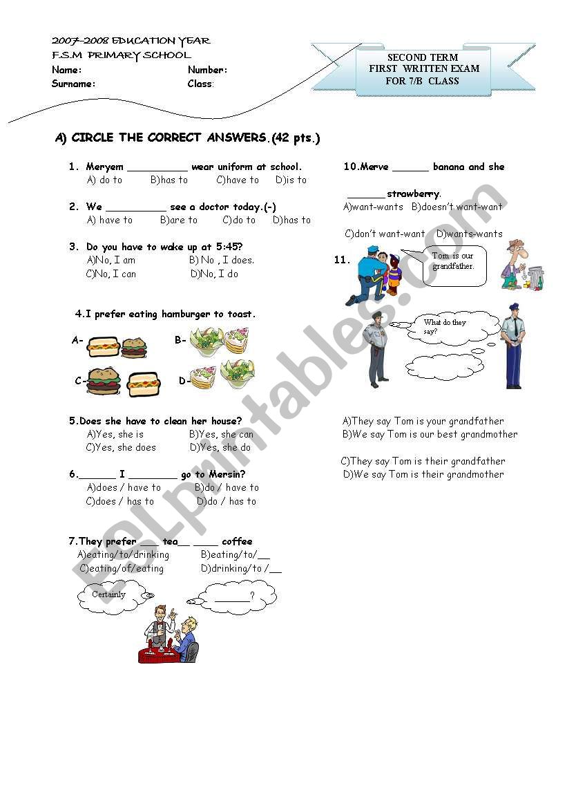 exam for 7th grades worksheet