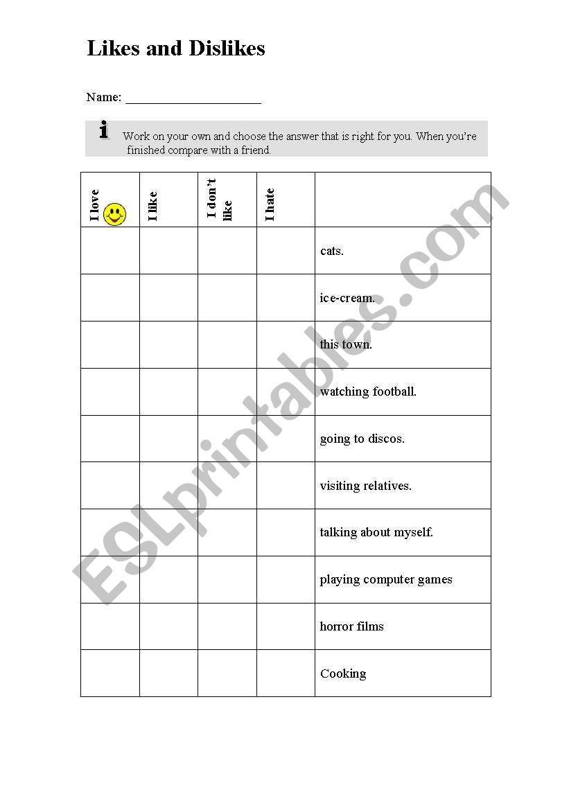 Likes and Dislikes worksheet