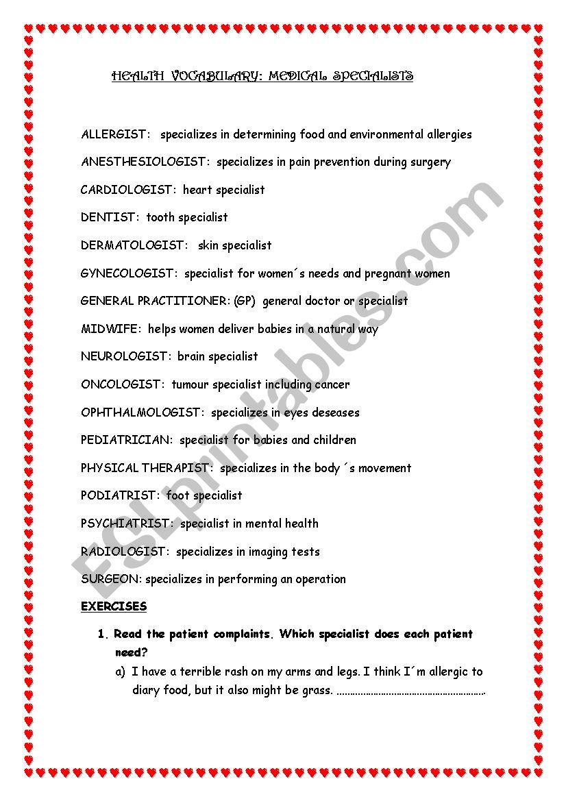 health vocabulary worksheet