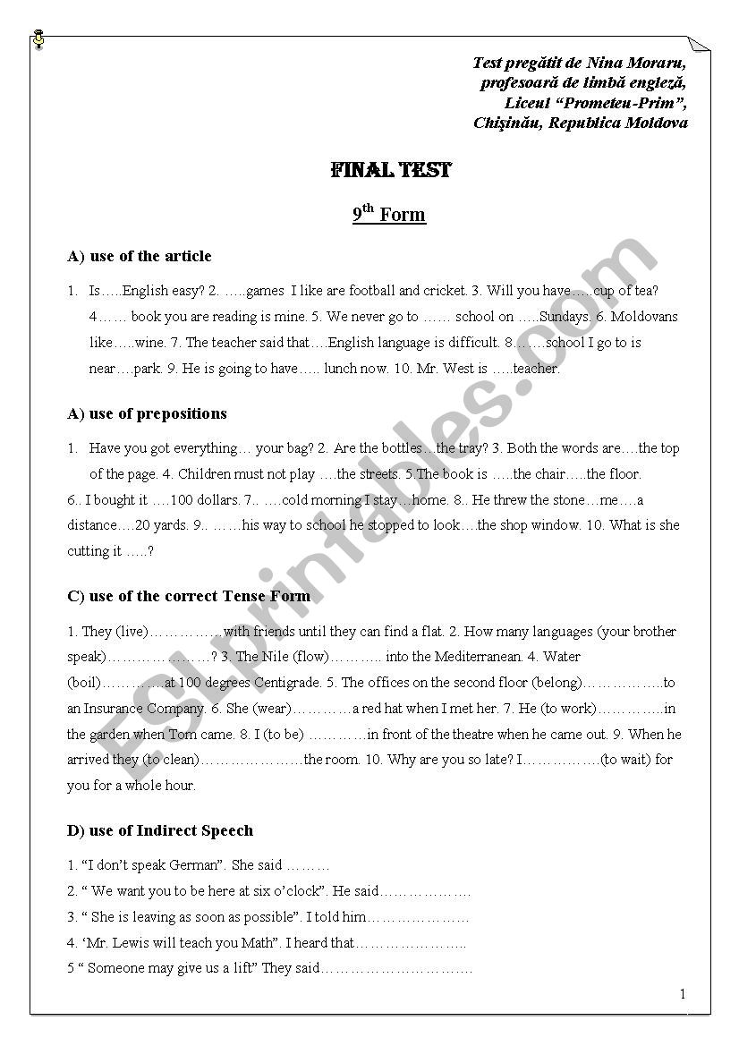 FINAL YEAR TEST worksheet