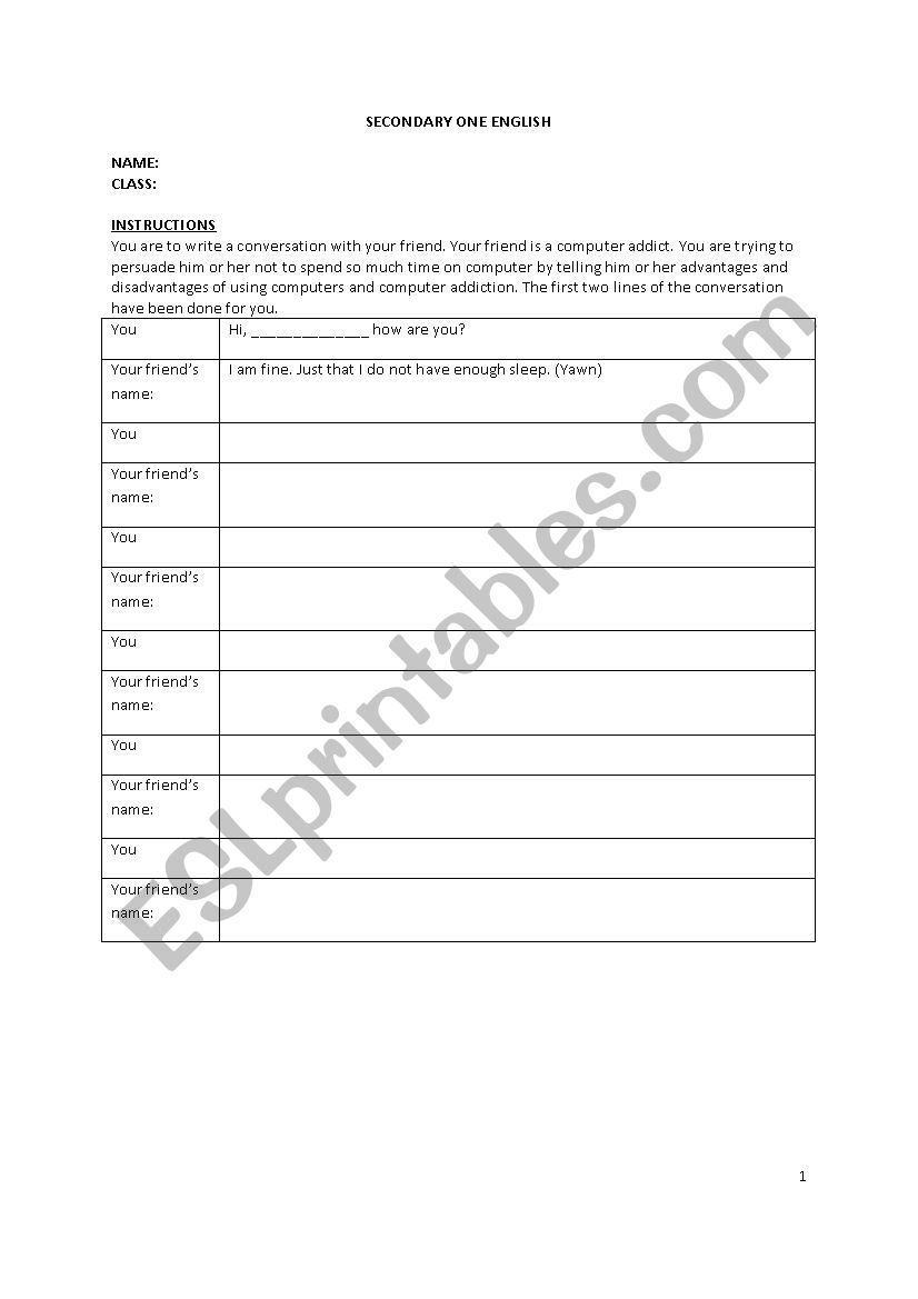 Template for students to write a conversation dialogue - ESL worksheet ...