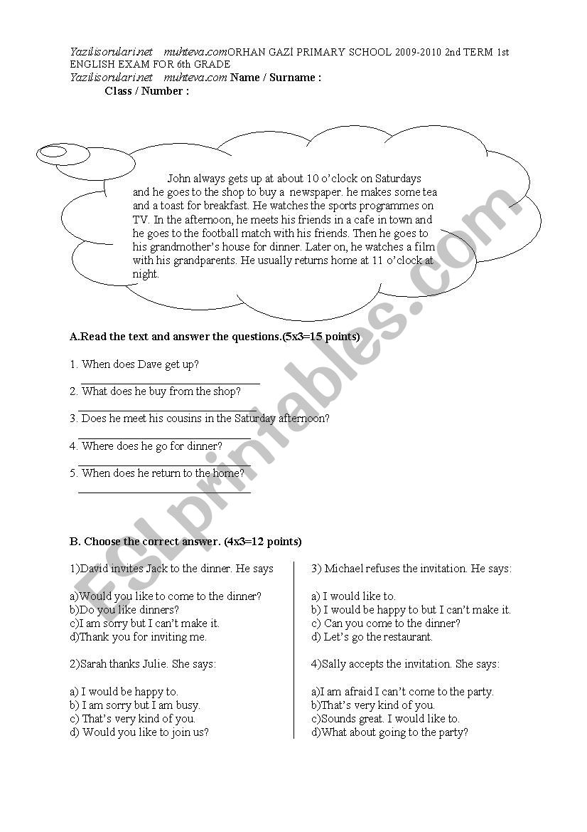quiz for grade6th worksheet