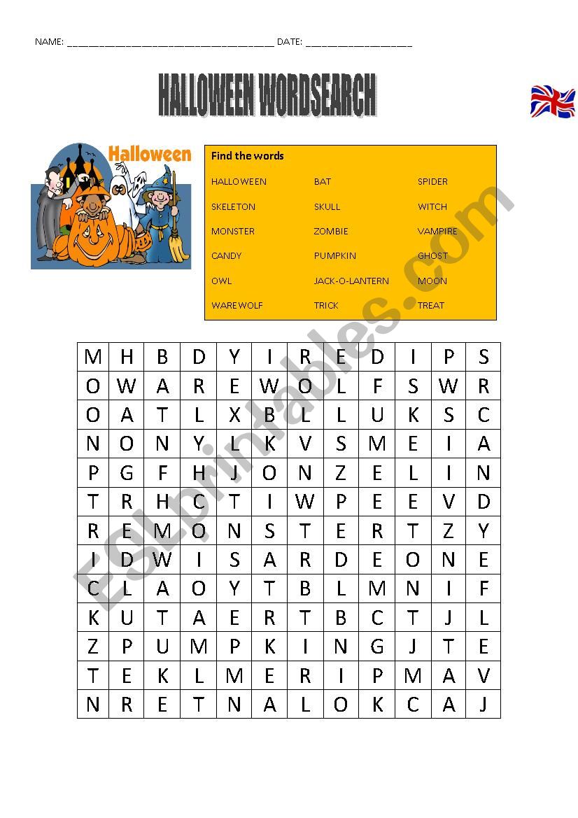 Halloween wordsearch worksheet