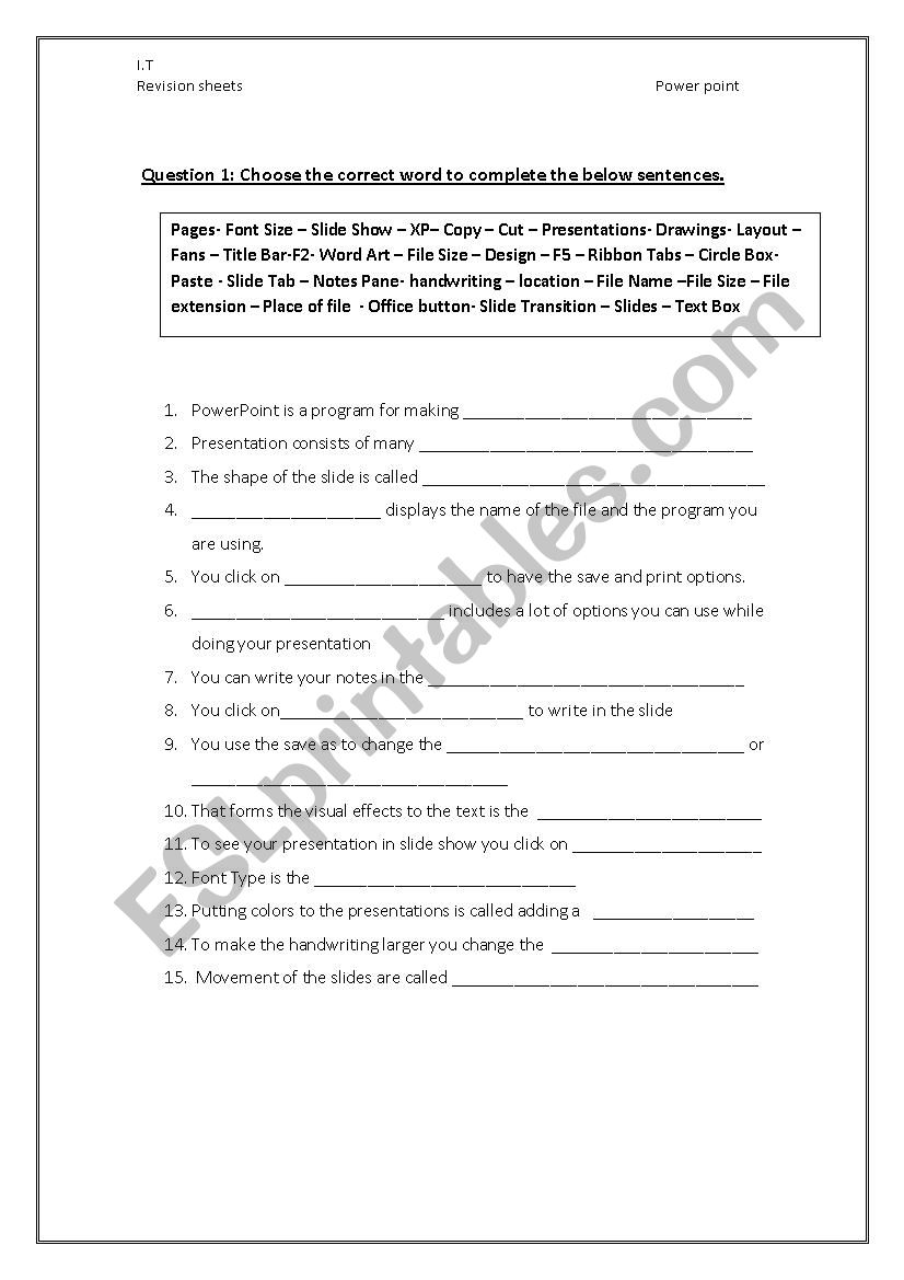 power point revision worksheet