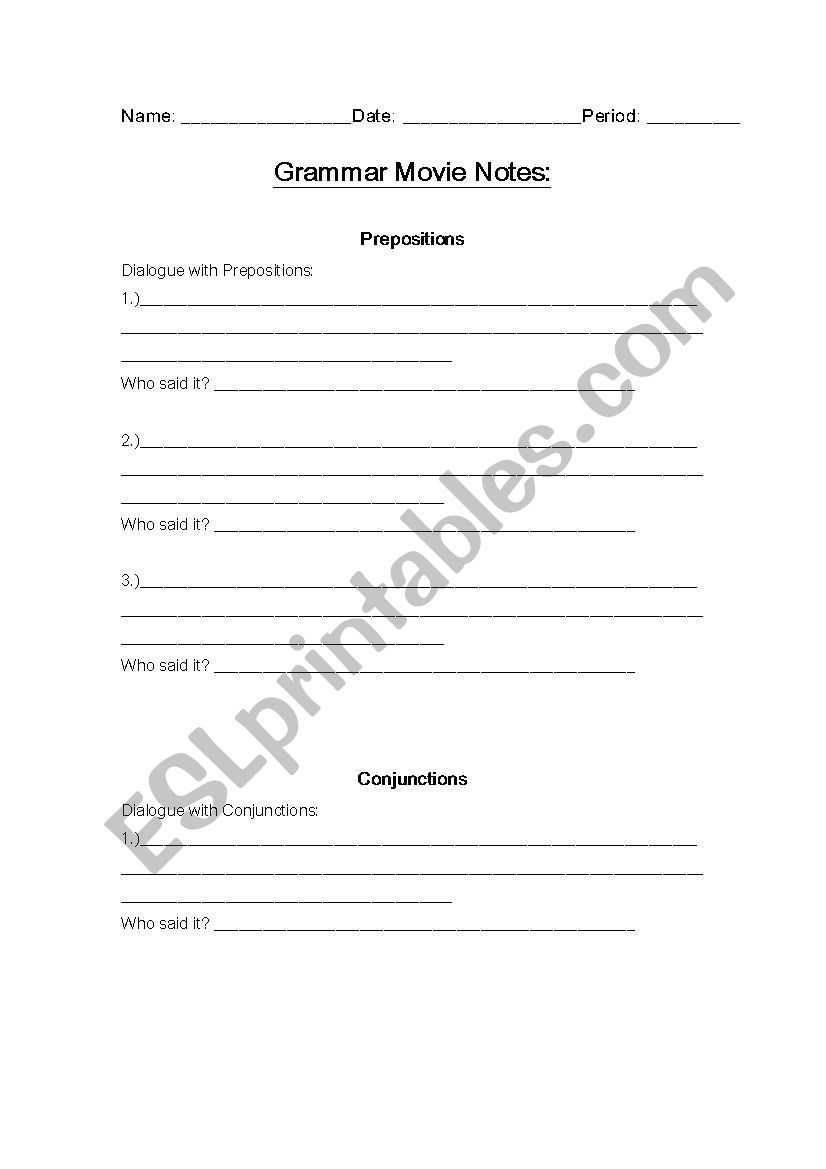 Grammar Movie Notes worksheet