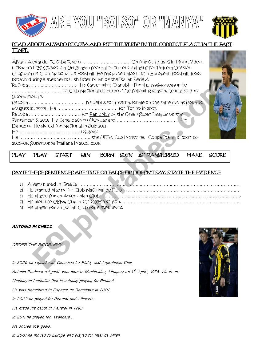 Footballer biographies worksheet