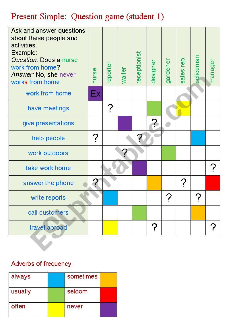 Present Simple question game worksheet