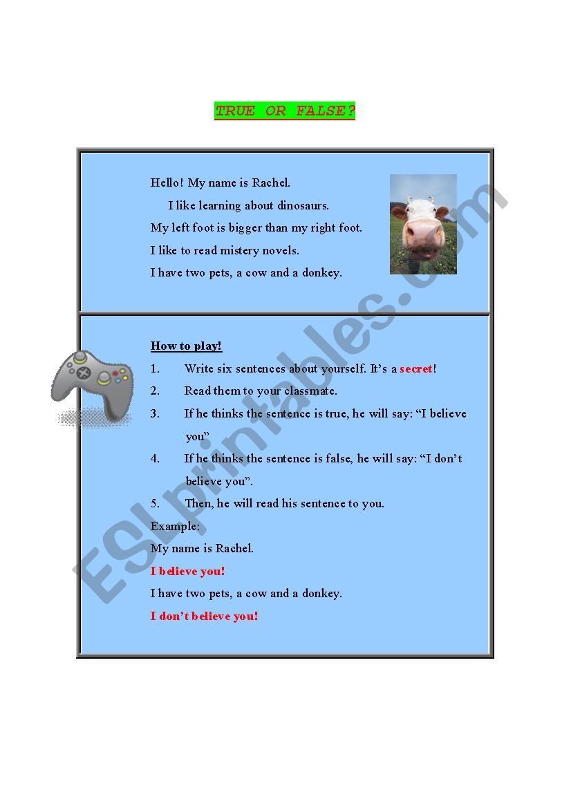 True or false game worksheet