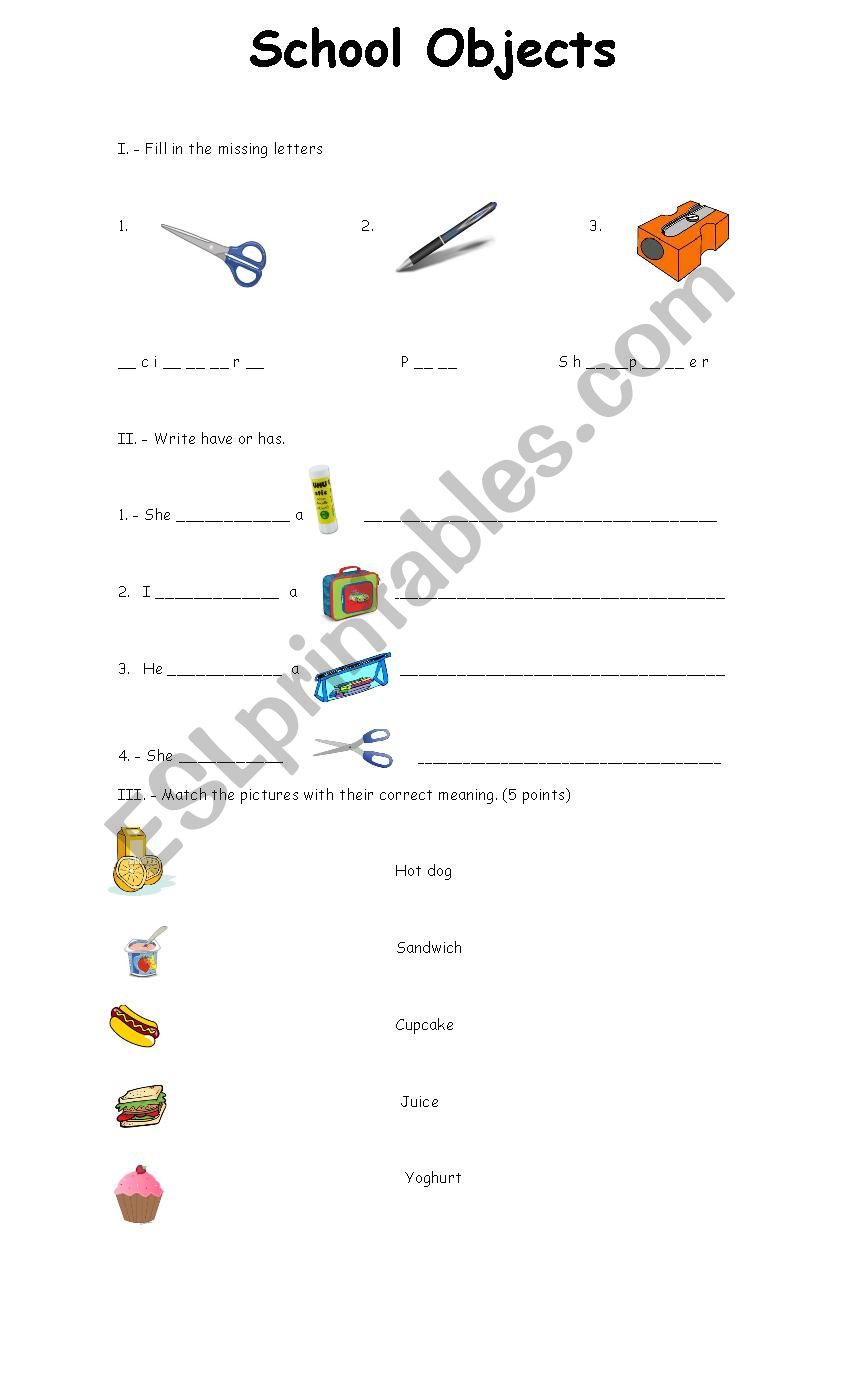 school Objects  worksheet