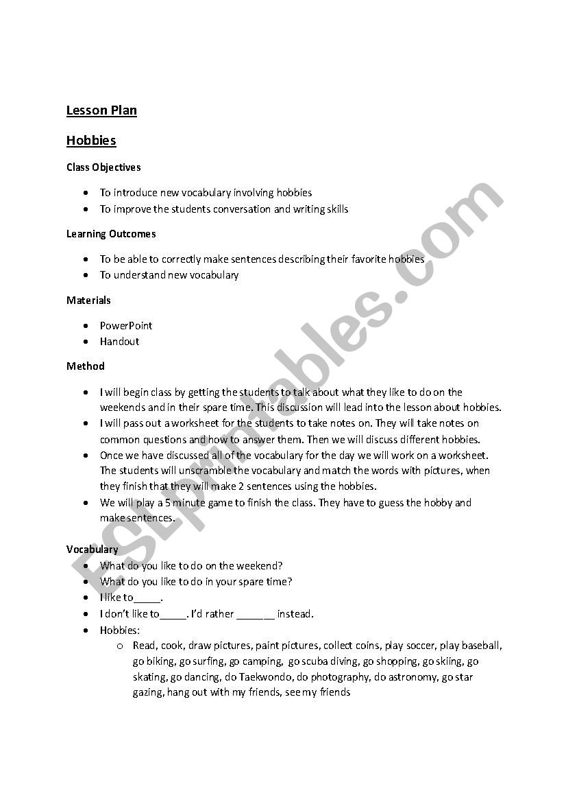 Hobbies worksheet