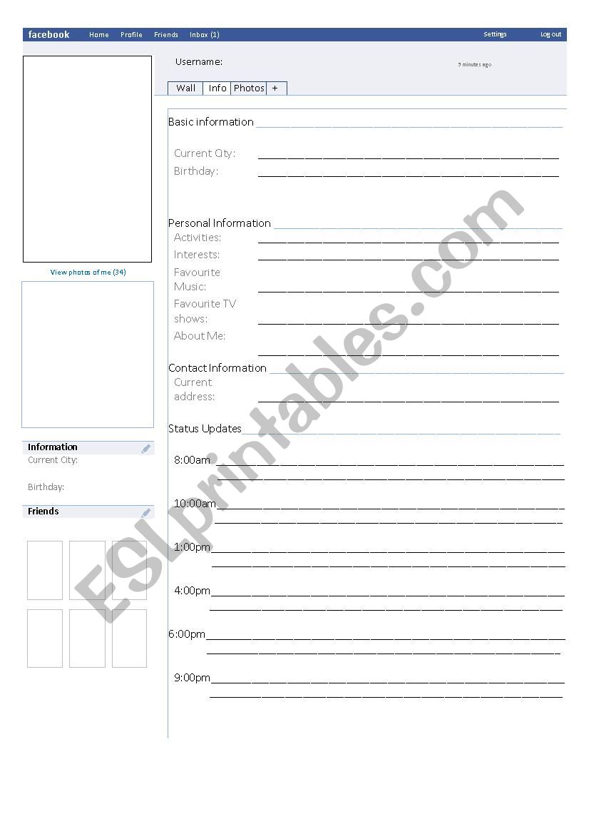 FACEBOOK Template worksheet