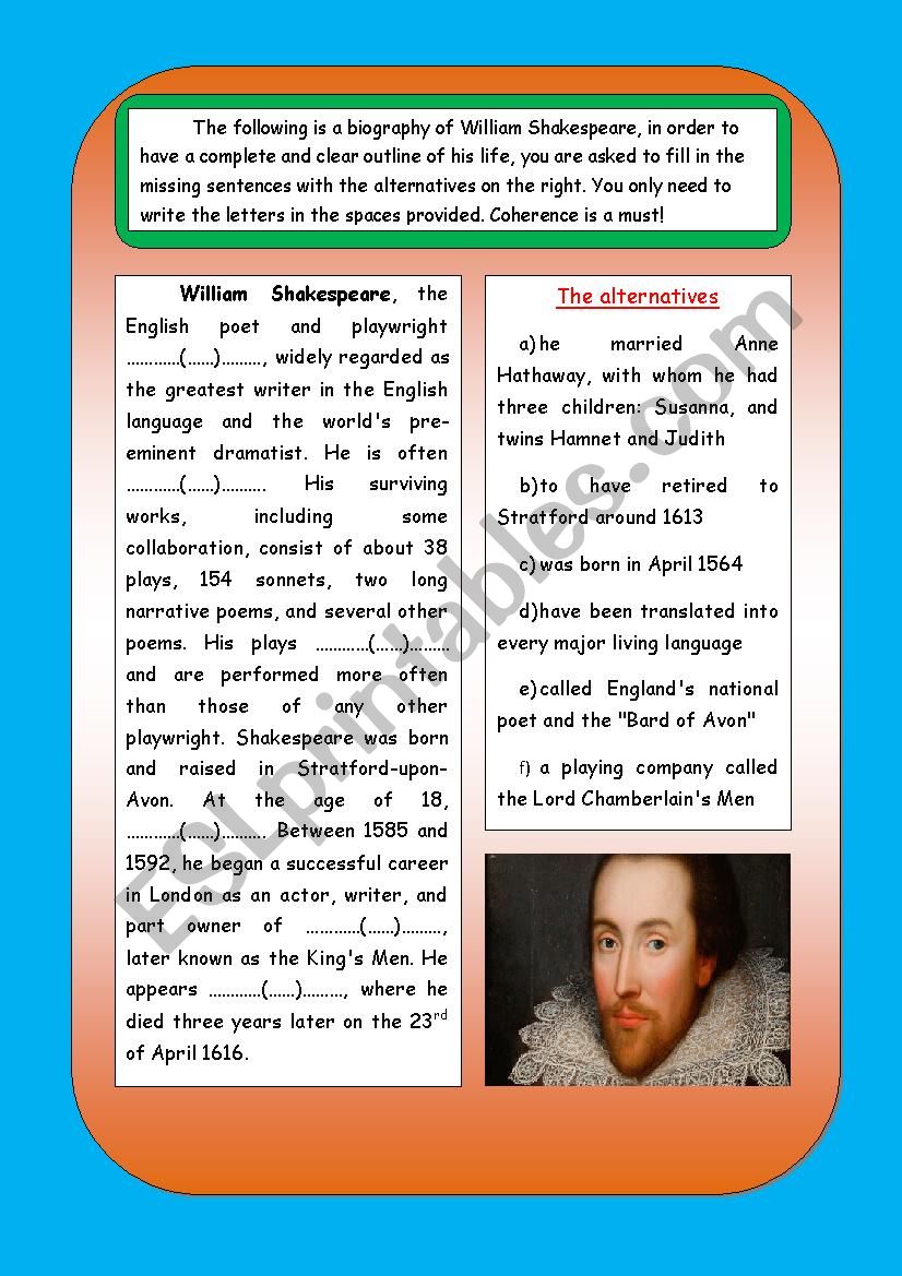 william shakespeare biography worksheet answers