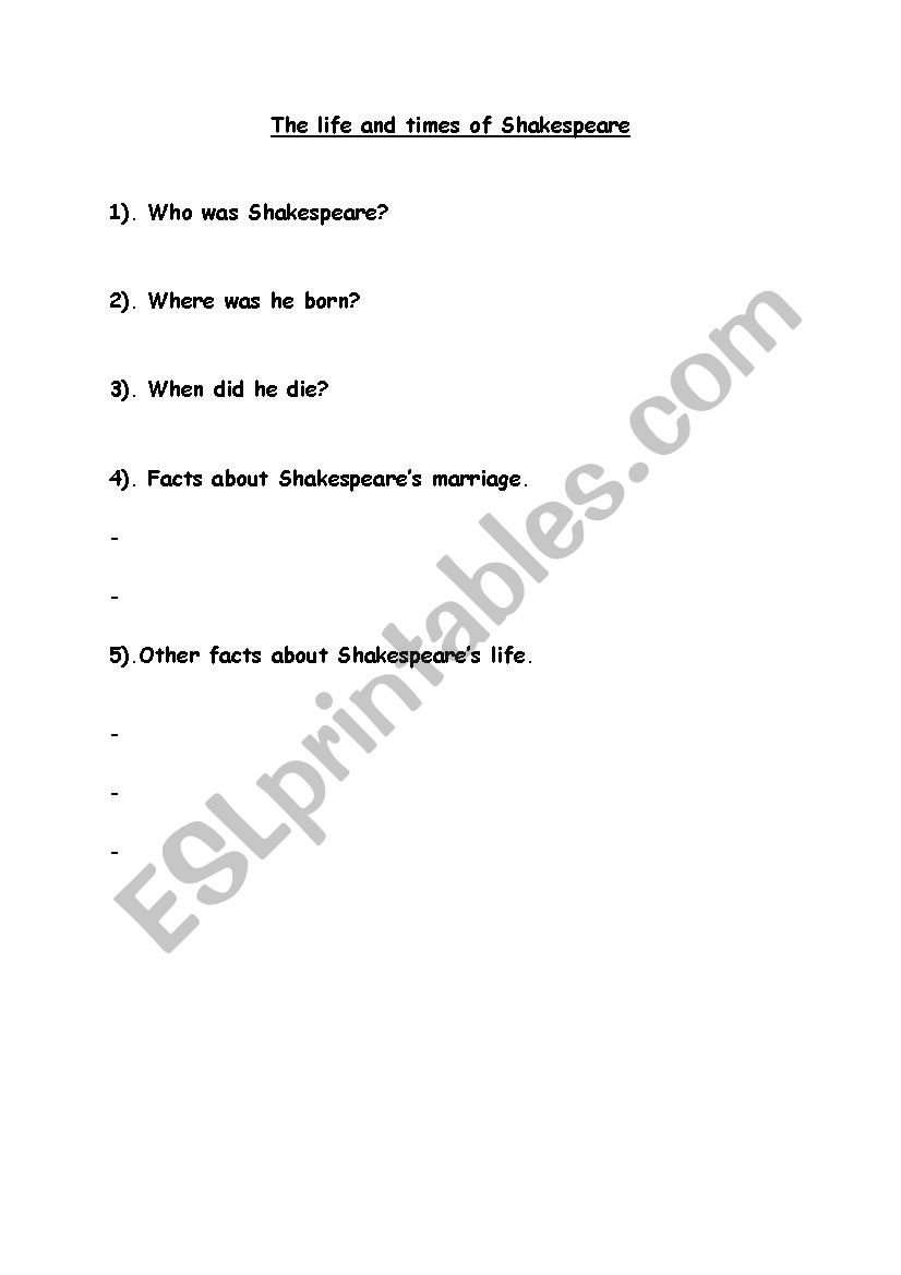 Shakespeare Quiz Sheet worksheet