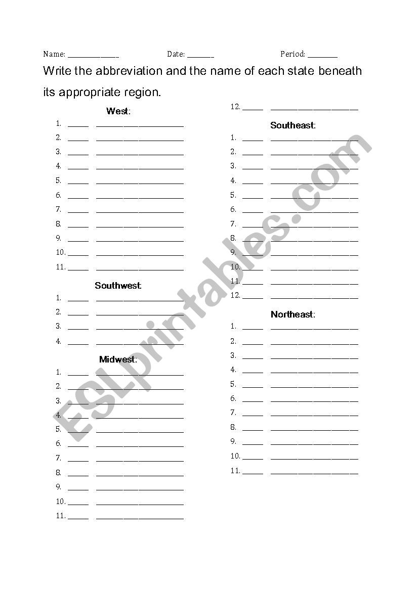 The Five Regions of the U.S.  worksheet