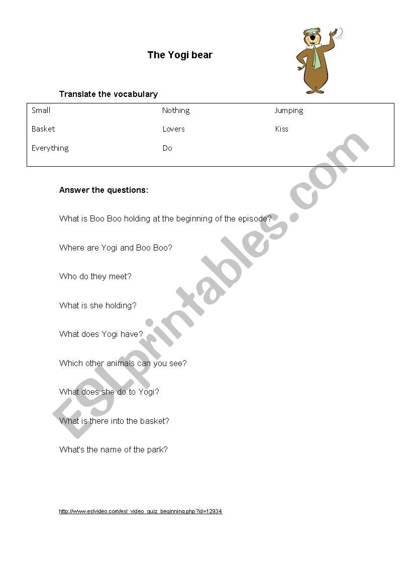 the yogi bear video-activity worksheet