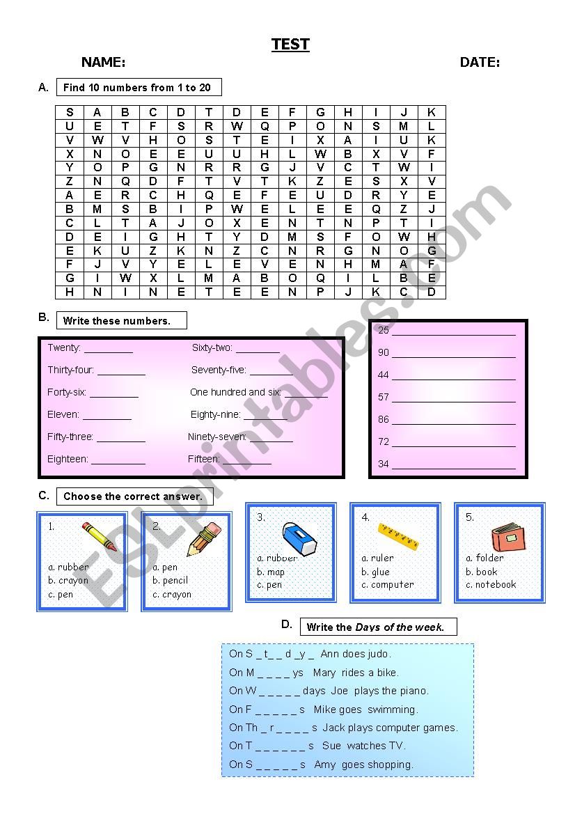 Elementary test 2 worksheet